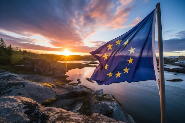 사진 활기찬 유럽 연합 발이 숨막히는 해가 지는 하늘을 배경으로 장엄하게 흔들리고 있습니다.