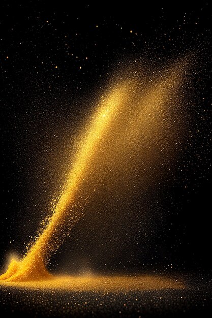 A vibrant explosion of golden glitter powder dust radiates from a dark background ai generated