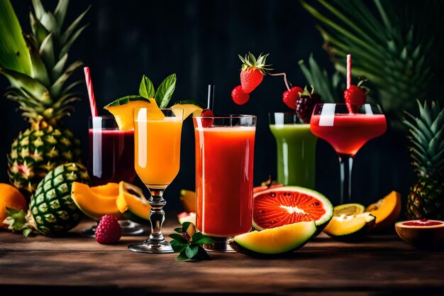 A vibrant explosion of tropical fruits bursting forth from a glass bottle their juicy hues blendin