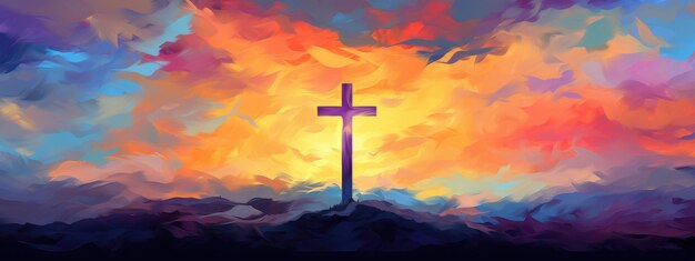 Vibrant Expression of Faith A Digital Artistic Rendition of the Cross at Sunset Generative AI