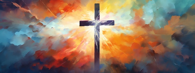 Photo vibrant expression of faith a digital artistic rendition of the cross at sunset generative ai