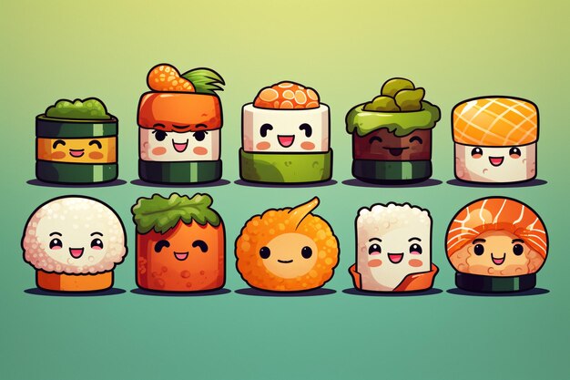 Foto personaggi animati di sushi vibranti ed espressivi con varie espressioni facciali generate dall'ai