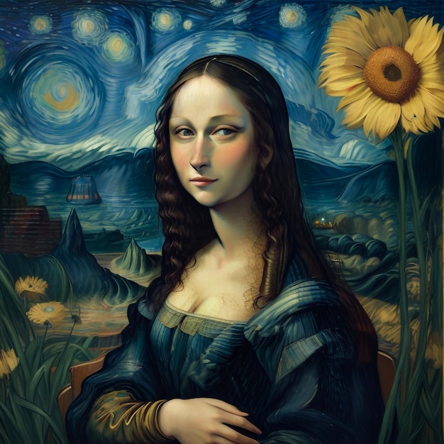 A vibrant and expressive interpretation of Mona Lisa in the iconic Van Gogh's style