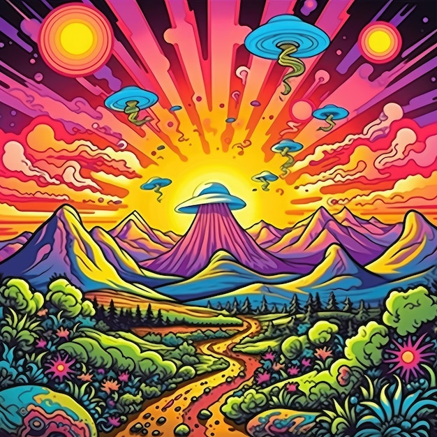 Vibrant extraterrestrial adventure psychedelic sunset mountains running aliens and hippie illustr