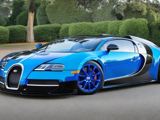 Photo a vibrant eyecatching bugatti veyron with a black and blue paint job and a glossy green trim