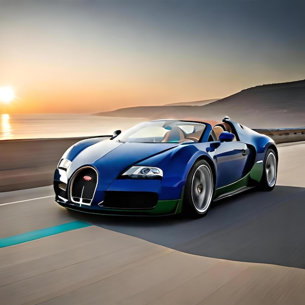 A vibrant eyecatching Bugatti Veyron with a black and blue paint job and a glossy green trim