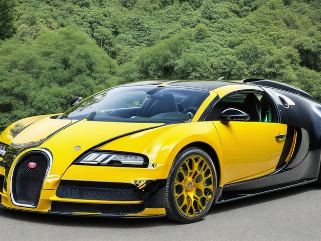 Яркий привлекательный Bugatti Veyron с черно-желтой окраской и глянцевой зеленой отделкой.