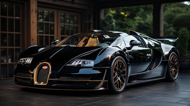 A vibrant eyecatching Bugatti Veyron with a black and yellow paint job and a glossy green trim