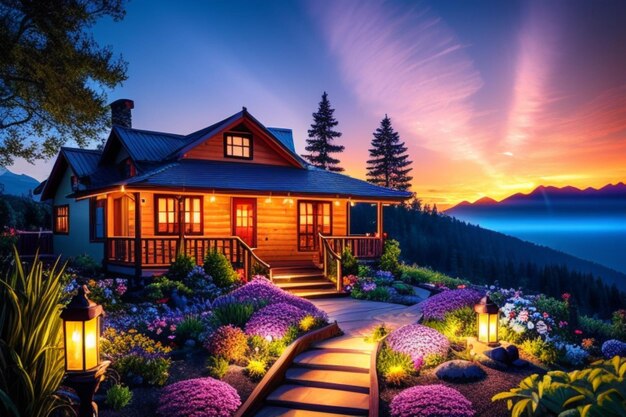 A vibrant fantasy garden with a clouds house the sunset sky features a mesmerizing sun