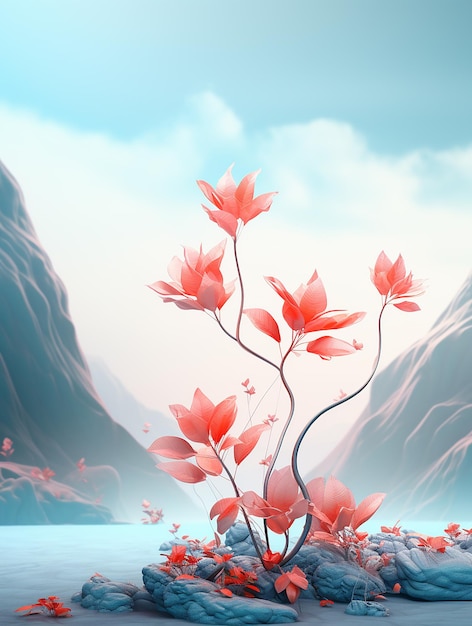 Vibrant fantasy landscapes smokey background light red and light blue realistic yet romantic
