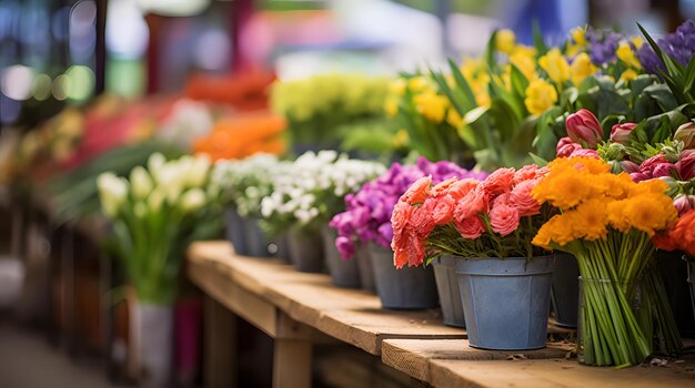 Photo a vibrant farmer's market with fresh cut flowers and bouquets