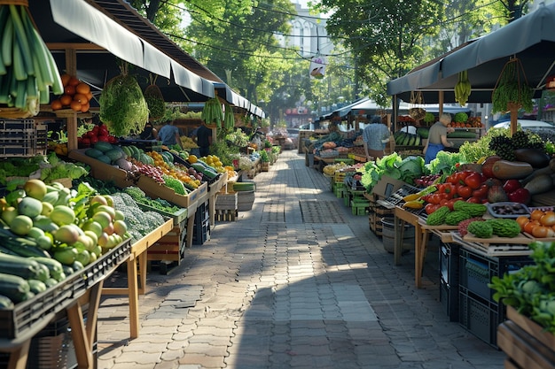 写真 新鮮な農産物で活気のある農家市場