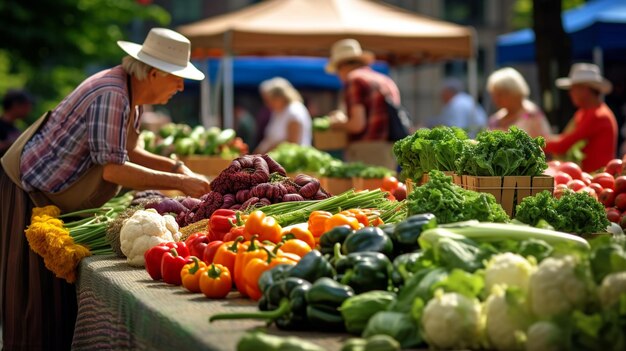 Foto un vivace mercato degli agricoltori con colorate bancarelle di prodotti