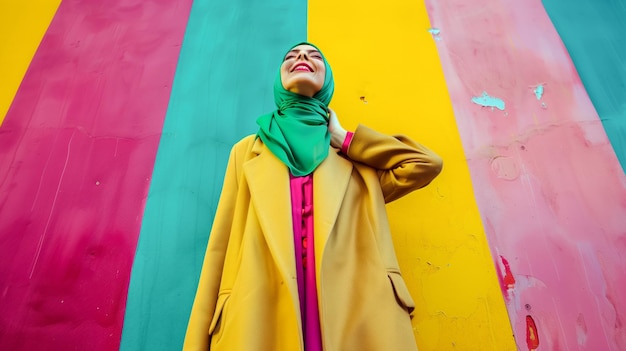 Vibrant fashion and joyful expression against colorful background