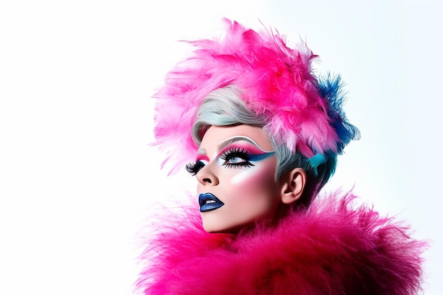 Photo vibrant fashion portrait with pink feathers and bold makeup