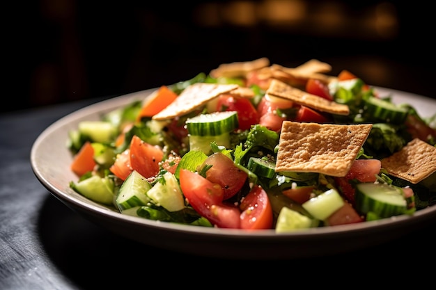 A vibrant Fattoush salad with crisp lettuce cucumbers ripe tomatoes and toasted bread