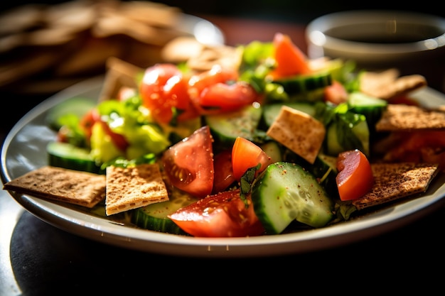 A vibrant Fattoush salad with crisp lettuce cucumbers ripe tomatoes and toasted bread