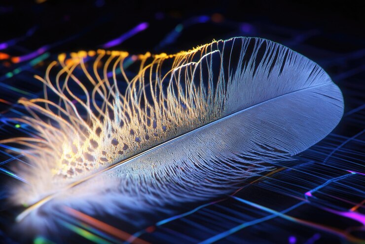 Vibrant feather with neon lights and digital grid background