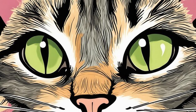 Vibrant feline gaze illustrated cat closeup