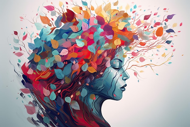 Vibrant female head with multicolored tree leaves surreal digital art lively organic imagery Generative AI