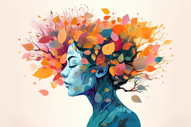 여러 가지 색의 나무가 있는 활기찬 여성 머리는 초현실적인 디지털 아트의 활기찬 유기적 이미지를 남깁니다. Generative AI