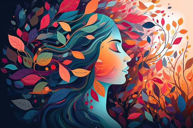 Vibrant female head with multicolored tree leaves surreal digital art lively organic imagery Generative AI