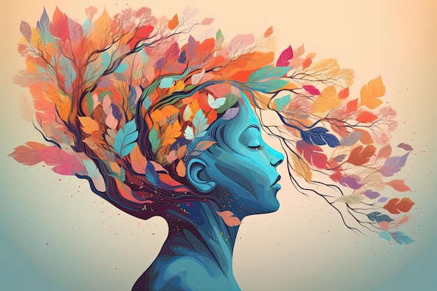 Photo vibrant female head with multicolored tree leaves surreal digital art lively organic imagery generative ai