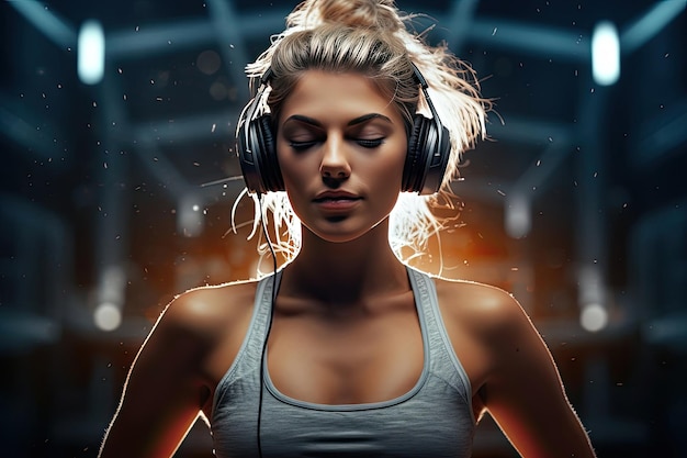 活気 の ある 女性 が 運動 し て 音楽 を 聴い て 活発 な 精神 を 持っ て いる