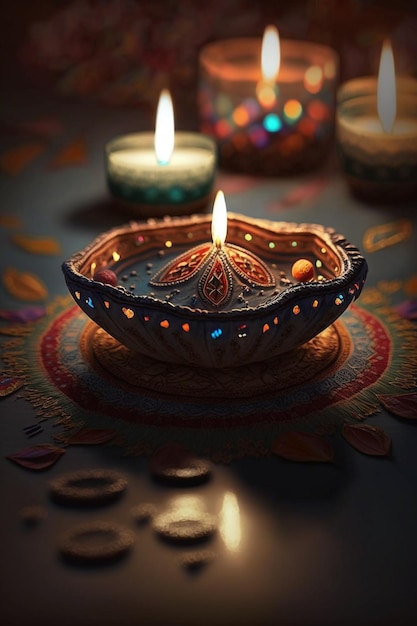 Vibrant Festive Decorations with Colorful Candles for Indian Diwali Celebrations