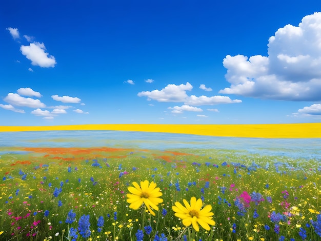 Photo a vibrant field of blooming wildflowers under a clear blue sky wellpaper