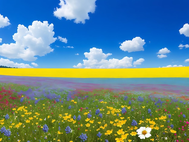 A vibrant field of blooming wildflowers under a clear blue sky