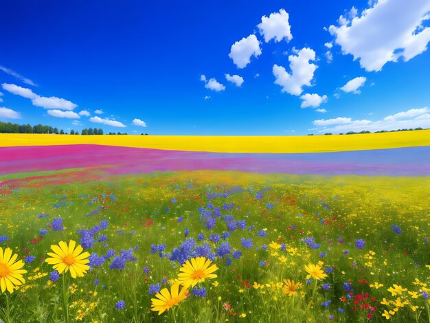 Photo a vibrant field of blooming wildflowers under a clear blue sky