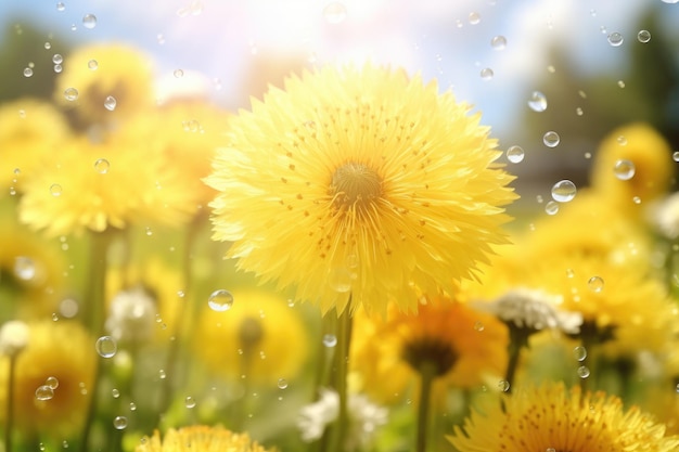 A vibrant field of dandelions covered in glistening water droplets providing a refreshing and captivating sight Ladybug on a dandelion flower closeup Nature background AI Generated