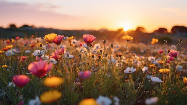 A vibrant field of flowers at sunset with the sun shining brightly in the background