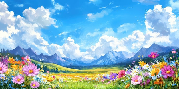 vibrant field of flowers with mountains under a bright blue sky