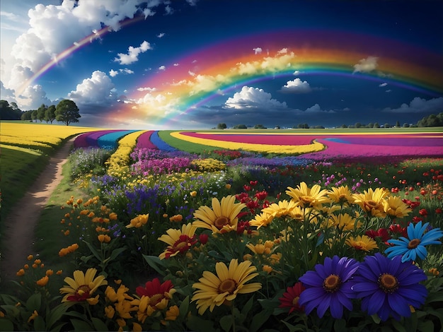 Foto un vivace campo di fiori con un arcobaleno sullo sfondo