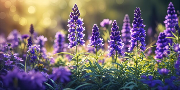 A vibrant field of purple flowers with the sun shining brightly in the background creating a beautiful contrast between the lush greenery and the colorful blossoms