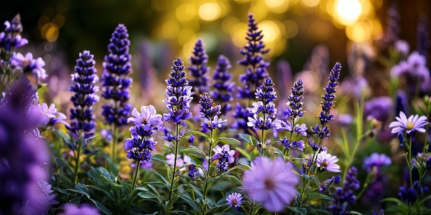 A vibrant field of purple flowers with the sun shining brightly in the background