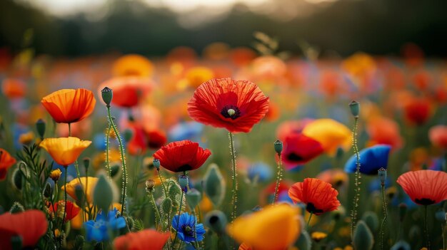 Vibrant Field of Red Yellow and Blue Flowers