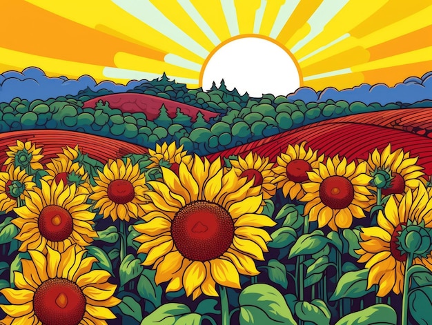 A vibrant field of sunflowers stretching towards the horizon under a bright sun