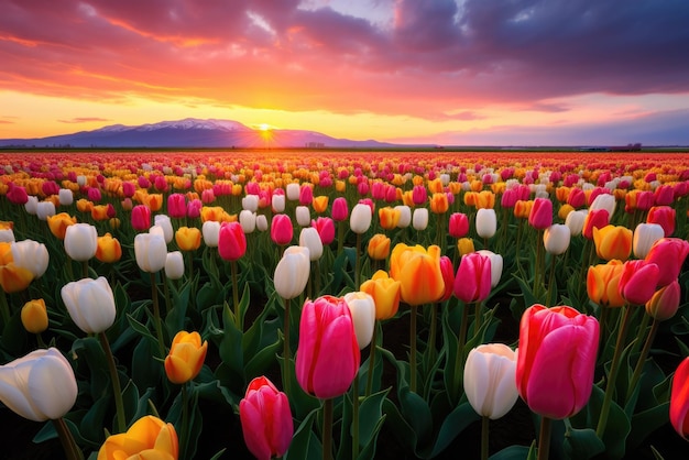 a vibrant field of tulips under a moody sky