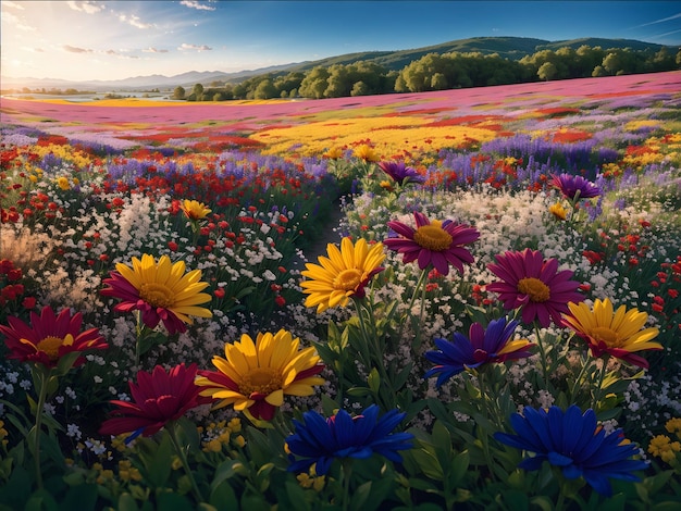 Foto un vivace campo di fiori selvatici che si estende fino a quanto l'occhio può vedere generato utilizzando ai