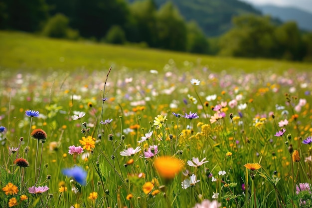 Живое поле с обилием диких цветов и различных других видов цветов Мирный луг, наполненный цветущими дикими цветами, созданный ИИ