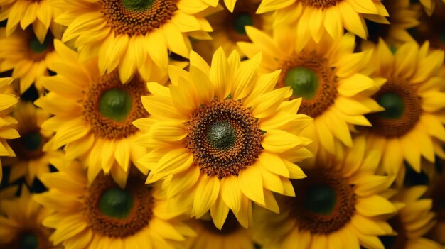 A vibrant field of yellow sunflowers with green centers