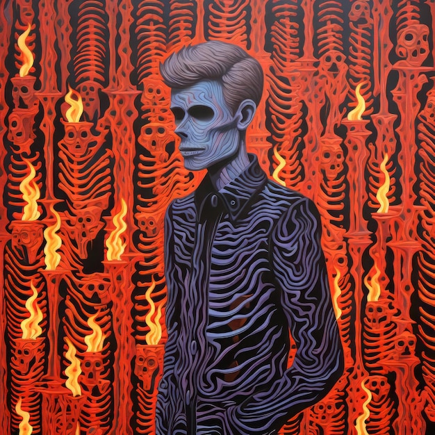 Photo vibrant figurative expressionism a captivating painting of man amidst skeletons and flames