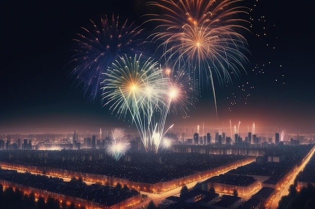 Vibrant fireworks against the city skyline