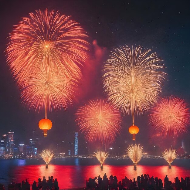 Vibrant Fireworks Display Chinese New Year at Night