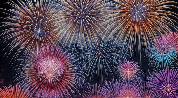 Vibrant fireworks display with cascading colors and explosions vibrant hues and dynamic movement