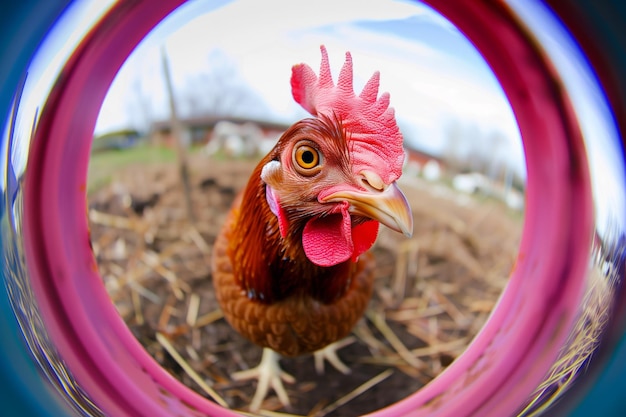 Photo vibrant fisheye view of a chicken with feathers ruffling