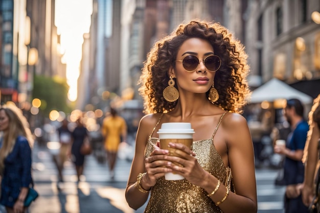 A vibrant fit tall young woman walking sun glasses holding cappuuccino elegant New York City